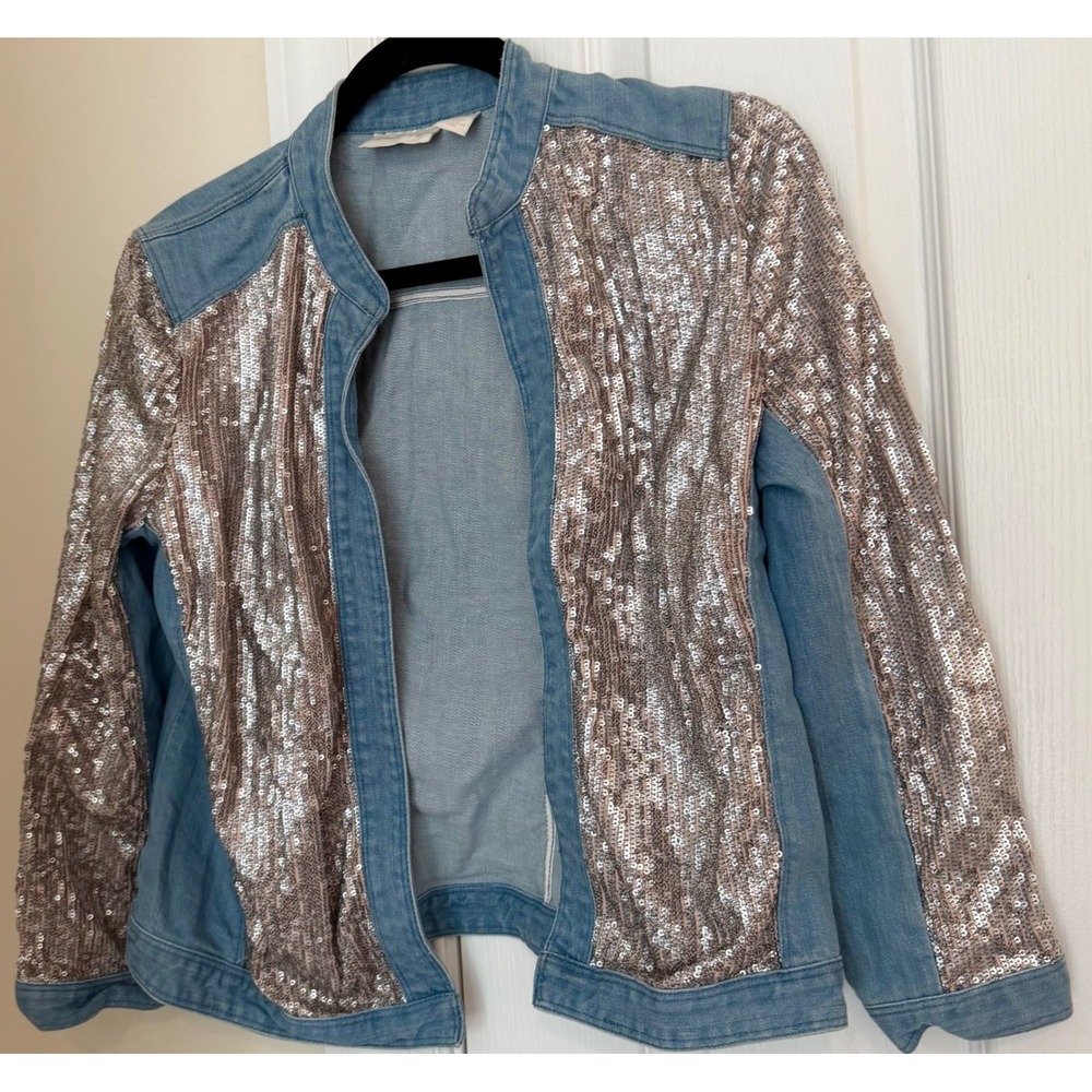 Chico's Sequin Denim Jacket Light Wash Blue Gold Open Front Size 0 XS S